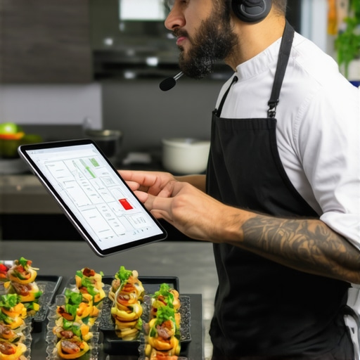 Professional catering lead using wireless headsets and tablets to manage event flow in a luxury kitchen