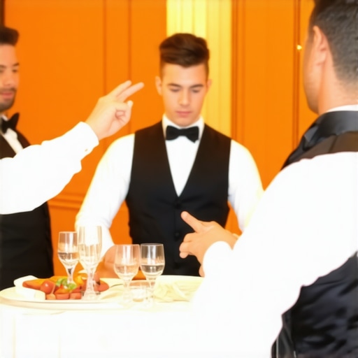 Professional catering captain using hand signals to direct servers in an elegant ballroom.