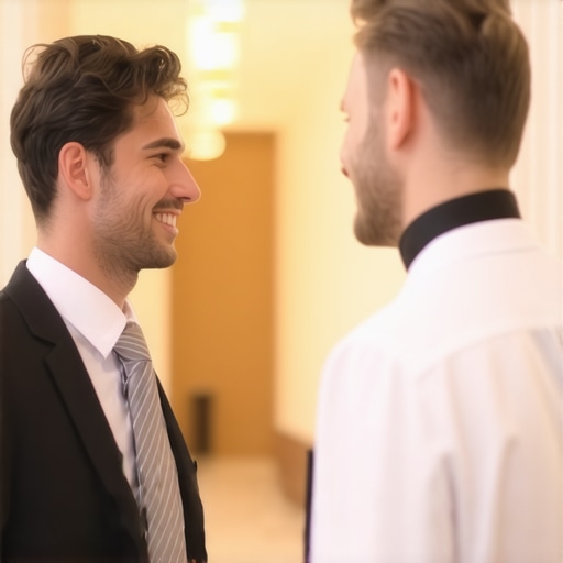 A catering manager debriefing a professional server during a busy high-end event