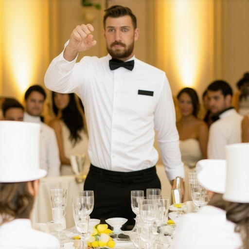 A catering captain managing servers during a wedding reception to ensure smooth meal service.