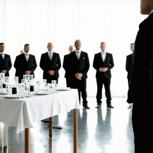 A professional catering team holding a staff huddle in a luxury ballroom before a corporate gala.
