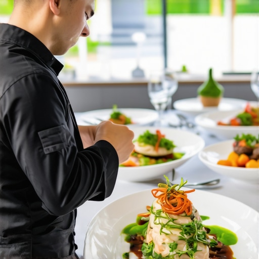 A professional catering staff member verifying dietary requirements for a plated meal at an event.