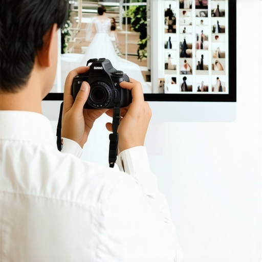 A professional wedding photographer reviewing a consistent gallery of images on a monitor and camera screen.