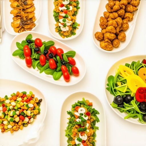 Artistically arranged chilled appetizers and salads for a professional summer catering event.