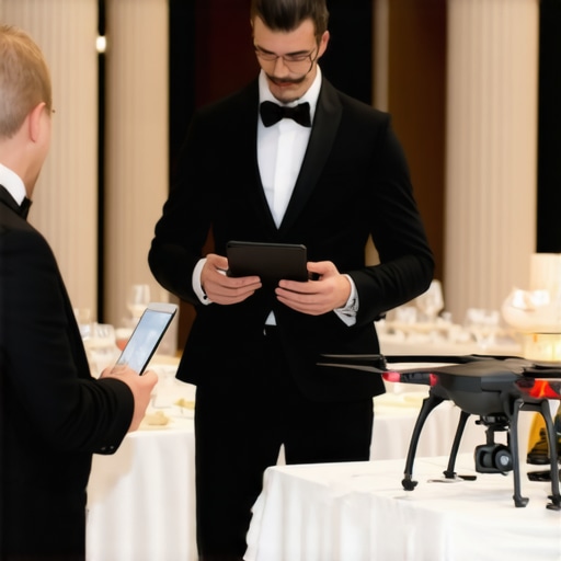 Photographer and server lead discussing logistics for indoor drone photography at a corporate gala.