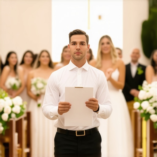 Coordinating the Perfect Wedding Processional Professional wedding coordinator directing a bridal party during a rehearsal
