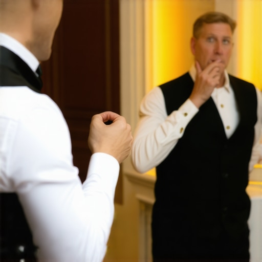 Coordinating the surprise moment A planner and lead server synchronizing their watches before a surprise event performance.