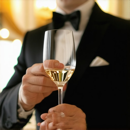A close-up shot of a trained event server holding a crystal wine glass properly by the stem during a gala dinner.