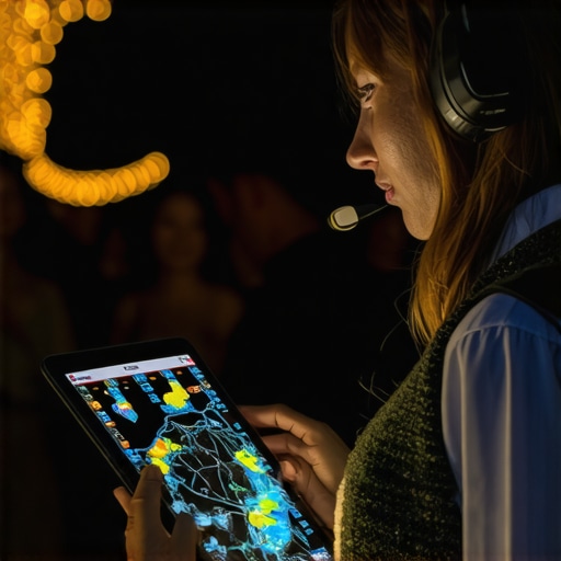 A professional event coordinator using a tablet to monitor weather radar at an outdoor corporate event.