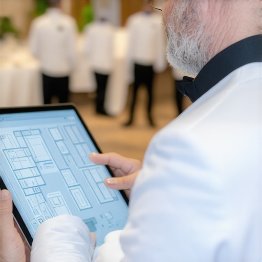 Digital Catering Logistics and Staff Management A catering manager using a tablet to manage event flow and server movements.