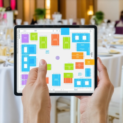 A catering manager using a tablet to review a 3D floor plan layout for a large-scale wedding reception.