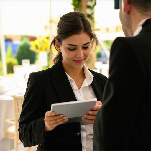 Professional event coordinator using a tablet to manage server staff at a luxury wedding.