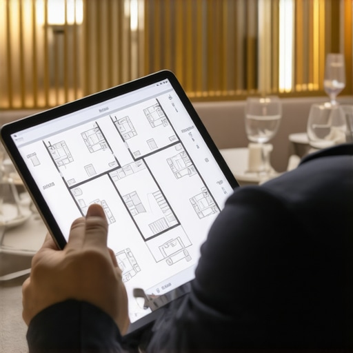 Digital Event Floor Plan Management A digital tablet displaying a 3D wedding floor plan for server optimization.