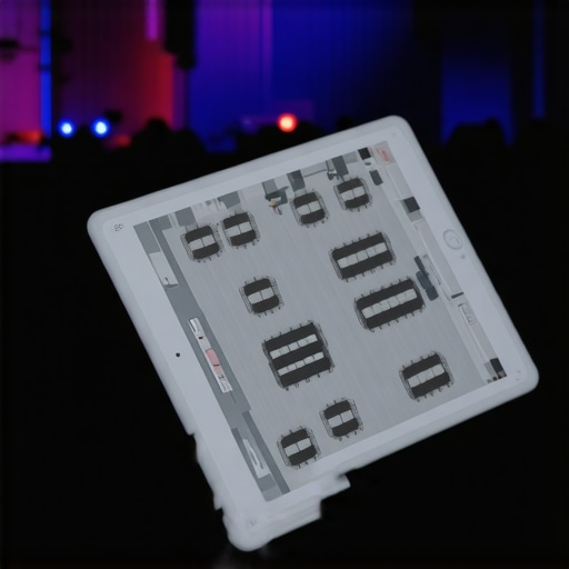 Event planner using a tablet to manage a 3D floor plan layout for a corporate gala.