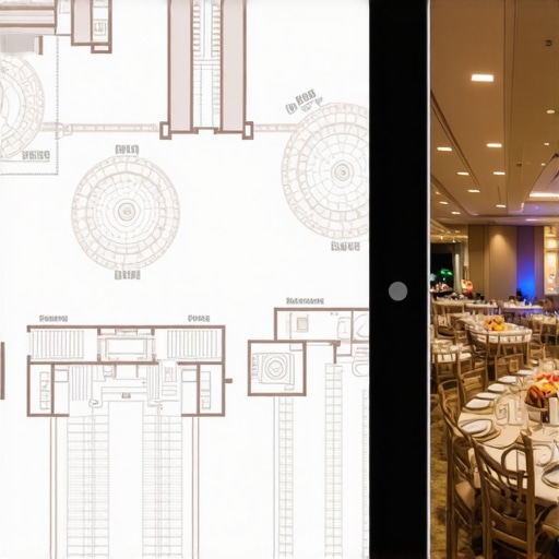 Digital Event Floor Plan Mapping Tablet displaying a detailed layout and server paths for a corporate banquet hall.