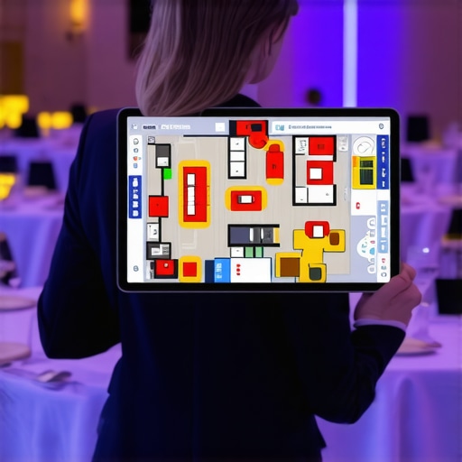 Digital Event Floor Plan with Heat Mapping Technology A digital tablet displaying a real-time event layout and guest flow analysis.