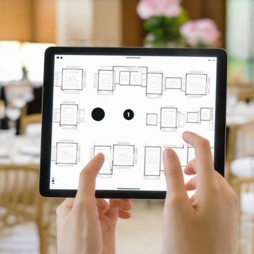 Professional event planner using digital tools to map server flow at a luxury venue.