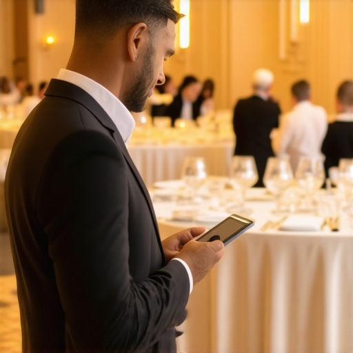 Digital Event Management Tools in Action Event planner using a digital dashboard to coordinate catering staff in a large ballroom.