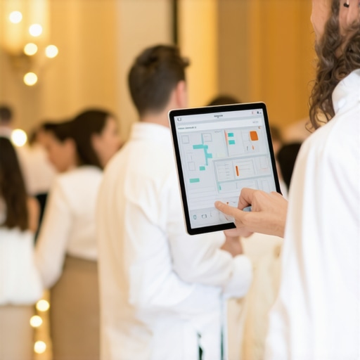 Professional coordinator using a tablet to sync server teams during a corporate gala.