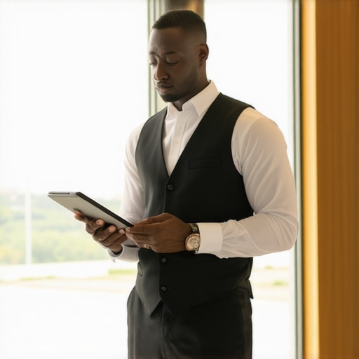 Event captain using a tablet for real-time team coordination in a glass-walled ballroom