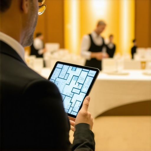 Event planner using digital tools to manage ballroom layout and catering logistics.