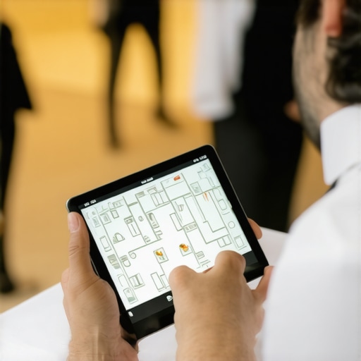Digital Event Planning and Management Tools Event planner using digital tools to manage luxury catering logistics and floor plans