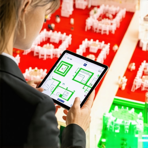 Digital Floor Plan and Logistics Tool Event planner using a tablet to map out guest flow and server paths in a ballroom.