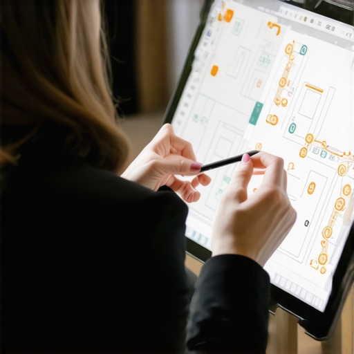 Digital Floor Planning for Corporate Events An event planner reviewing a digital floor plan on a tablet for a corporate gala.