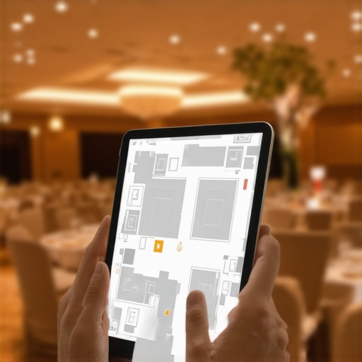 Digital Floor Planning for Event Logistics A digital 3D event floor plan showing catering service paths on a tablet.