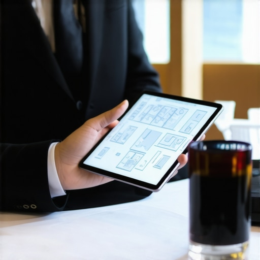 An event planner demonstrating 3D floor plan software on a tablet to a server lead in a luxury ballroom.