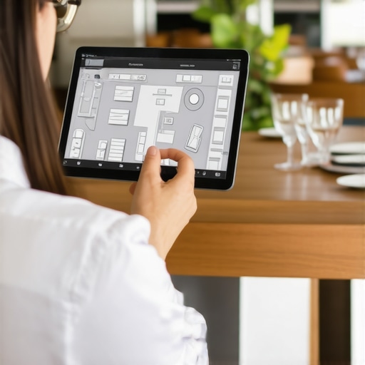 An event planner reviewing a digital 3D venue layout on a tablet