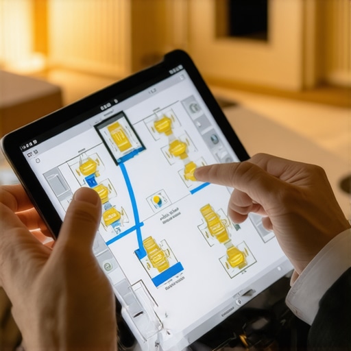 An event planner using professional software to map out server flow and guest seating on a tablet.