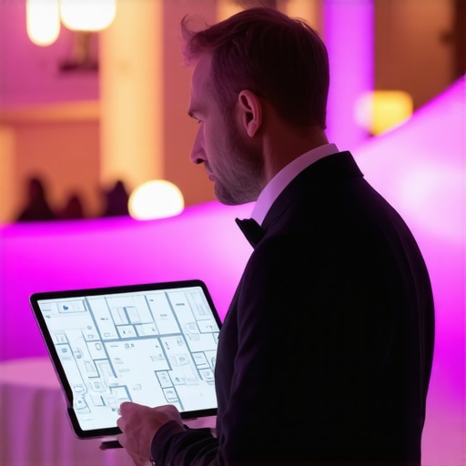 Event manager using digital logistics software for corporate event layout planning.