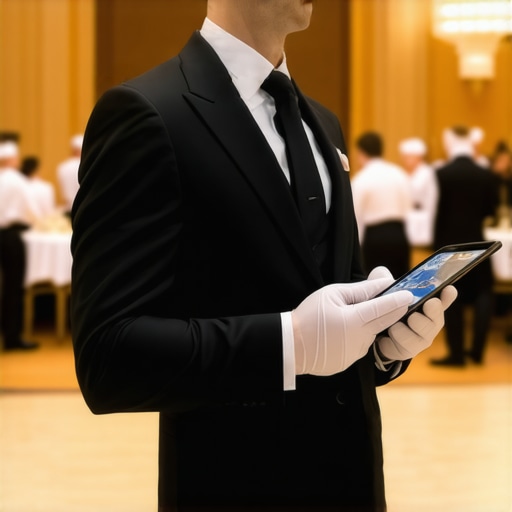 Digital Logistics for Luxury Catering Professional using event management software in a high-end ballroom.