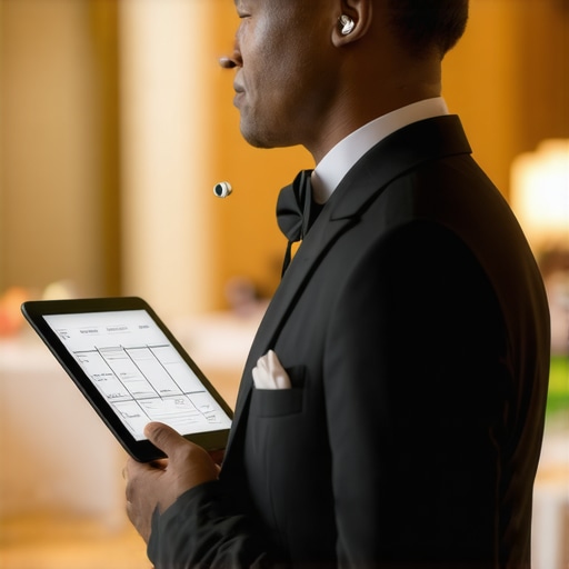 A professional catering lead managing an event with a tablet and earpiece.