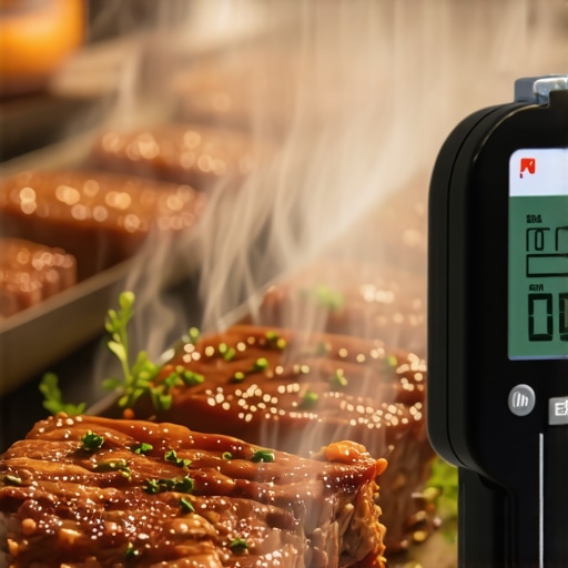 Professional chef using a digital thermometer to check food temperature at a wedding reception.
