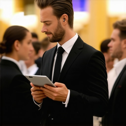 Event manager using a tablet to coordinate server staff in a luxury ballroom