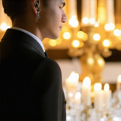 Discreet Communication Tools for Professional Service A professional event server utilizing a discreet earpiece for silent coordination at a gala.