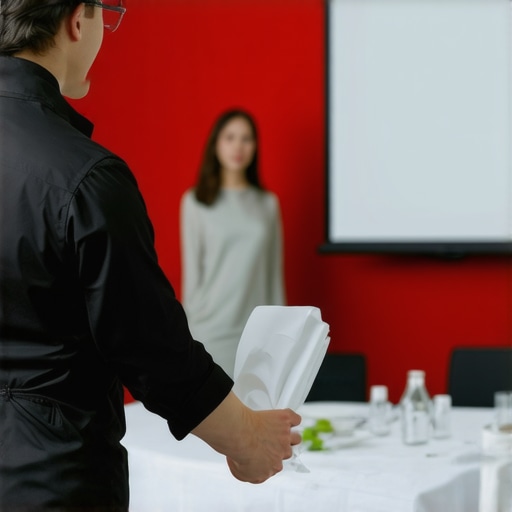 Discreet Server Clearing Corporate Table A professional server using subtle techniques to clear a meeting room without interrupting the speaker.