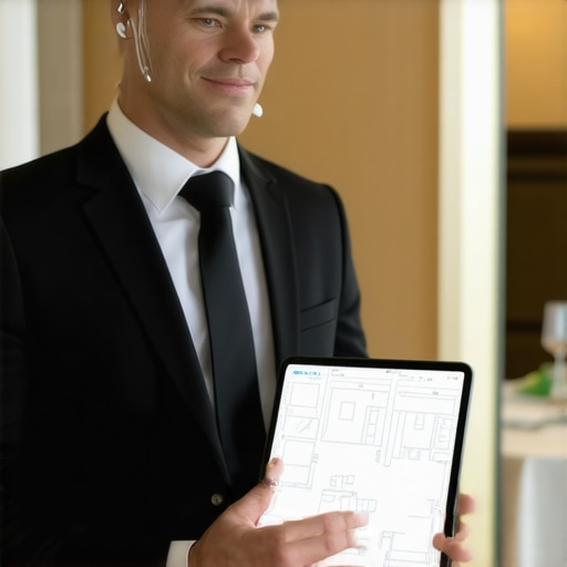 Professional server using an acoustic earpiece and tablet for event logistics