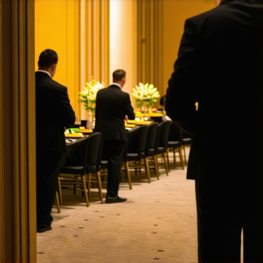 A professional staff member monitoring a service entrance during a high-end corporate dinner.