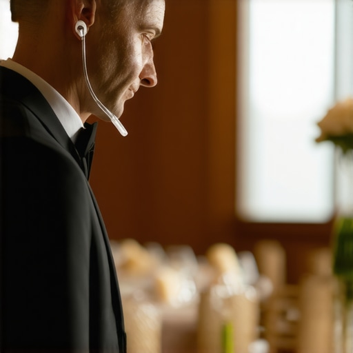 Discrete Server Communication Technology Catering manager using a low-profile earpiece for silent event coordination