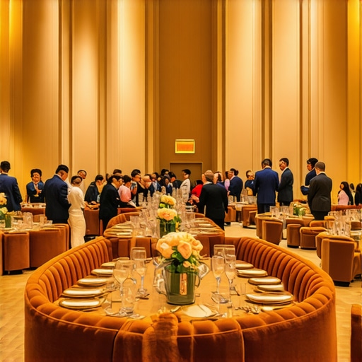 A corporate ballroom layout designed with varied furniture heights to promote guest interaction.