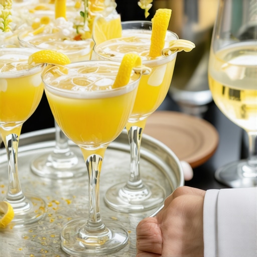 A tray of clear cocktails in coupe glasses with floral garnishes.