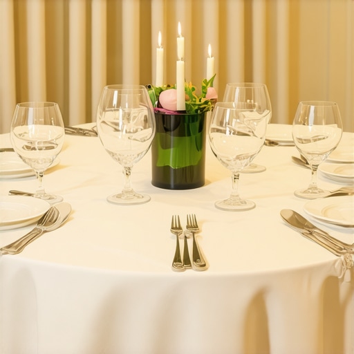 High-end corporate dinner table with gourmet plating and elegant decor