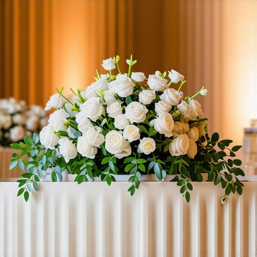 Warm amber uplighting and pin-spot lighting highlighting a floral centerpiece in a ballroom.