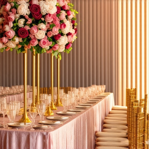 A professional event table design featuring high and low floral arrangements to allow for guest conversation.