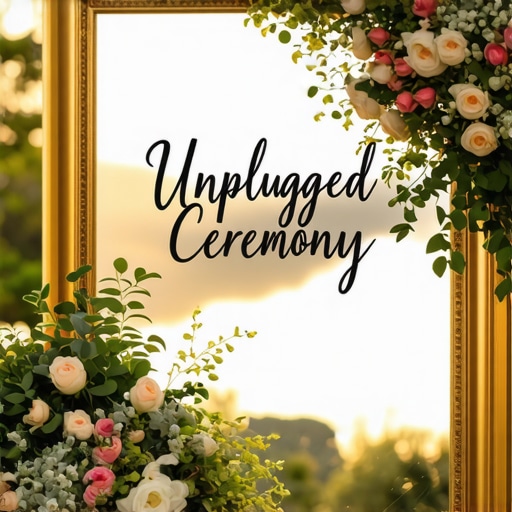 A hand-painted mirror sign at a wedding entrance asking guests to put away their phones.