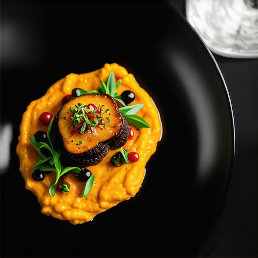 Close-up of a beautifully plated vegan and gluten-free event entree featuring roasted mushrooms and root vegetable puree.