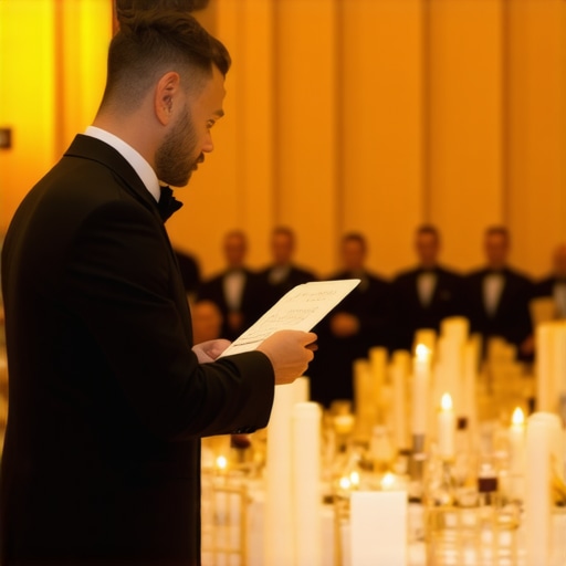 A lead catering captain briefing a team of professional servers before a luxury event.